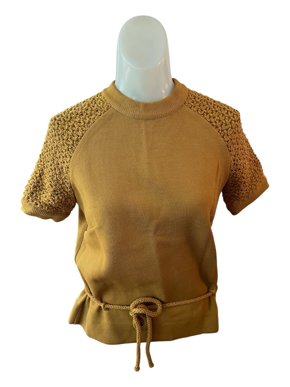 Dalton Vintage Short-Sleeve Virgin Wool Belted Sweater with crotchet sleeves 8 - Picture 2 of 10